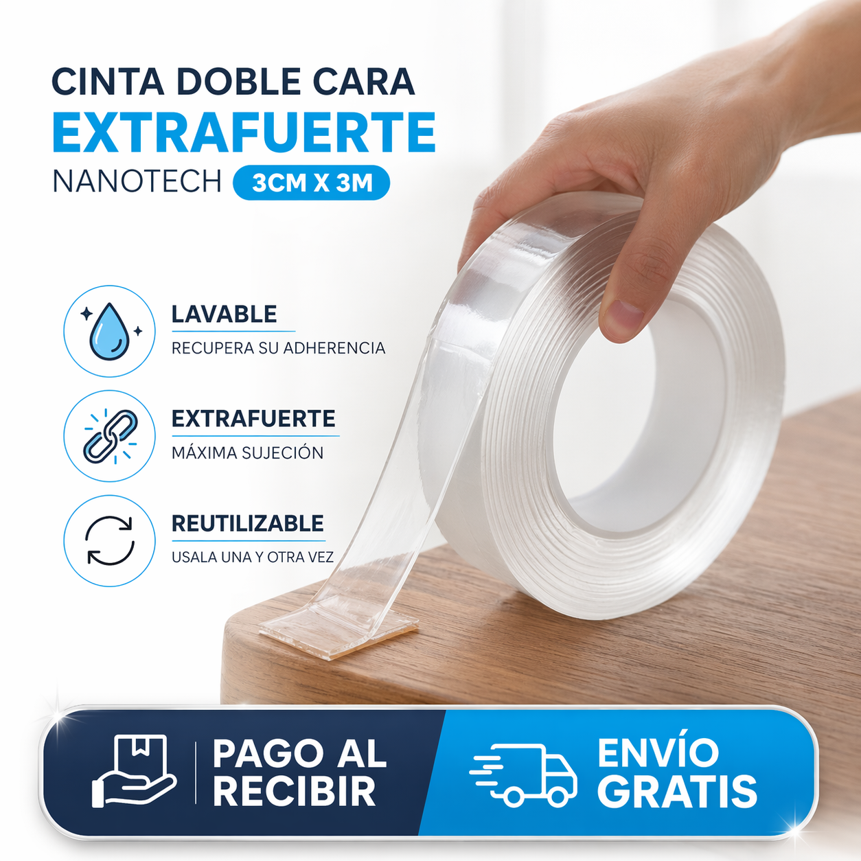 CINTA NANOTECH DOBLE CARA EXTRAFUERTE MULTIUSOS - TRANSPARENTE, LAVABLE Y REUTILIZABLE 🔥