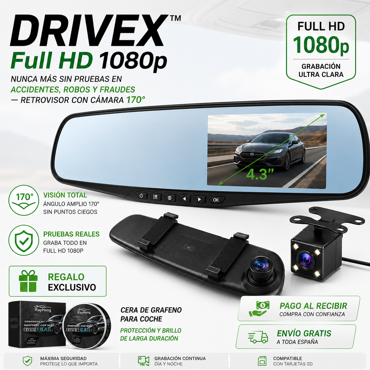 ⚠️ DRIVEX™ Full HD 1080p | Protégete de Accidentes, Robos y Fraudes con el Retrovisor con Cámara que lo Graba Todo + 🎁 Regalo Exclusivo