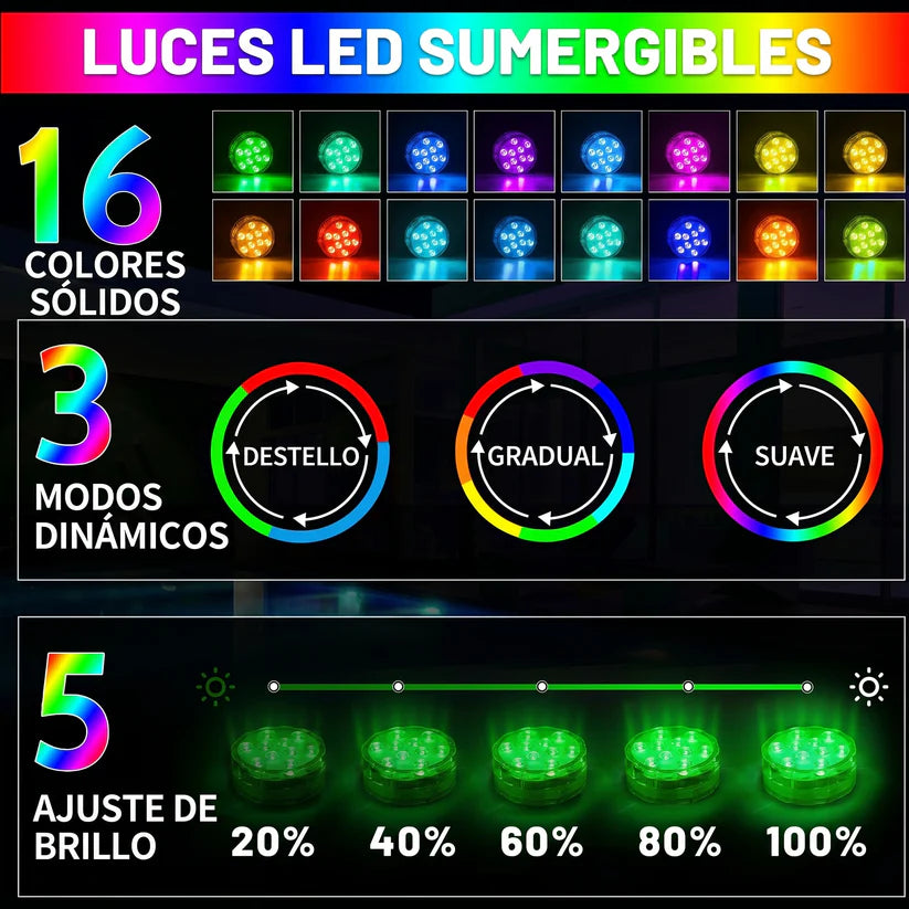 AquaGlow™ Pro Luces LED Sumergibles — Transformación Automática 16 Colores + Mando + ENVÍO GRATIS