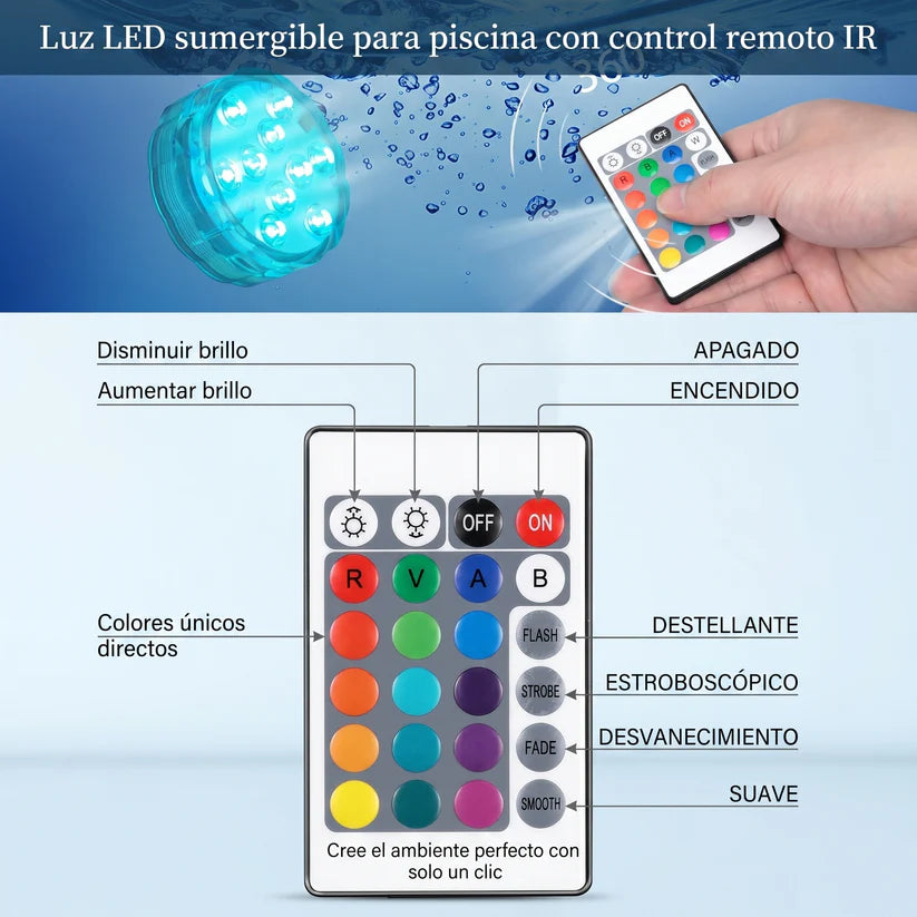 AquaGlow™ Pro Luces LED Sumergibles — Transformación Automática 16 Colores + Mando + ENVÍO GRATIS