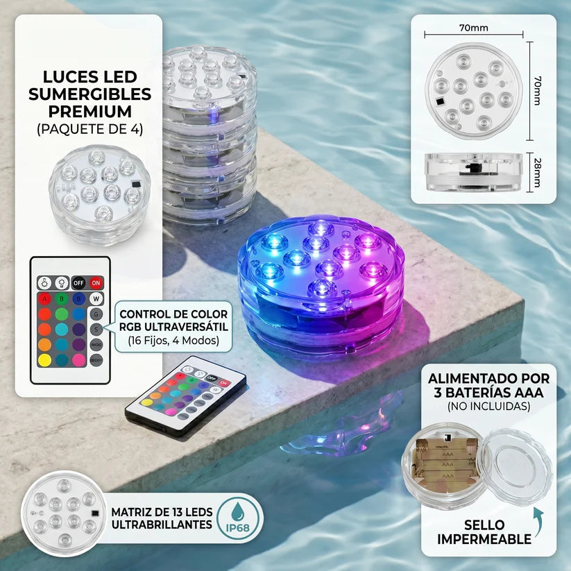 AquaGlow™ Pro Luces LED Sumergibles — Transformación Automática 16 Colores + Mando + ENVÍO GRATIS